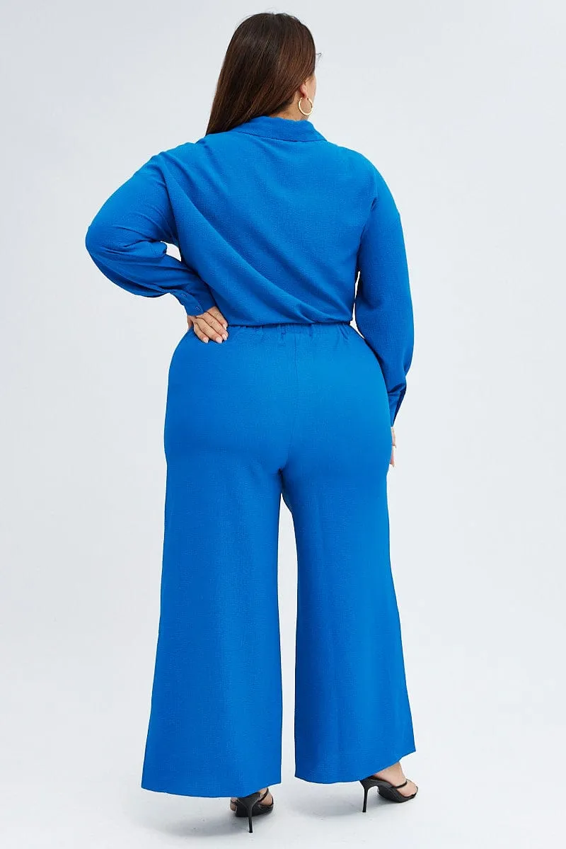Blue Wide Leg Pants Crinkle Texture Non Restrictive Cut