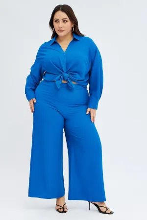 Blue Wide Leg Pants Crinkle Texture Freedom Motion Relaxed Style