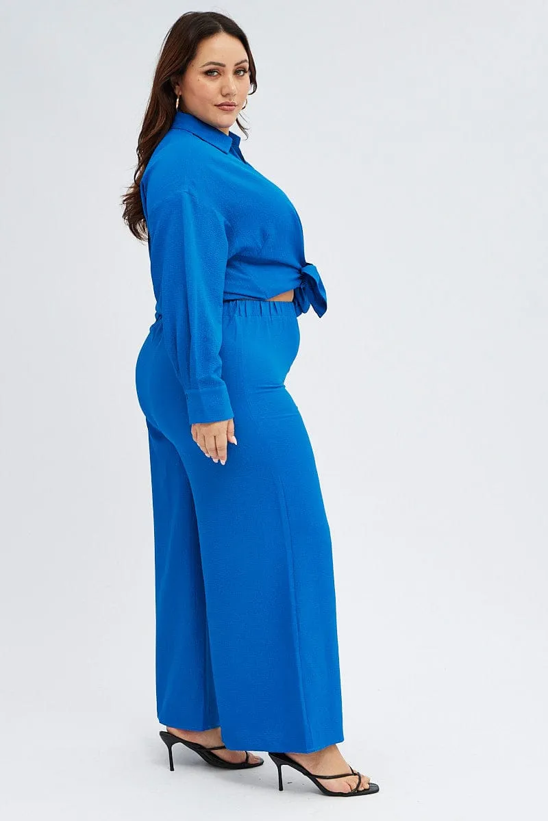 Move Easy Blue Wide Leg Pants Crinkle Texture