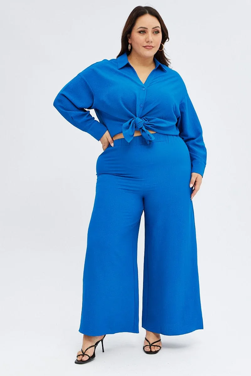 Blue Wide Leg Pants Crinkle Texture Static free AdjustableTabs