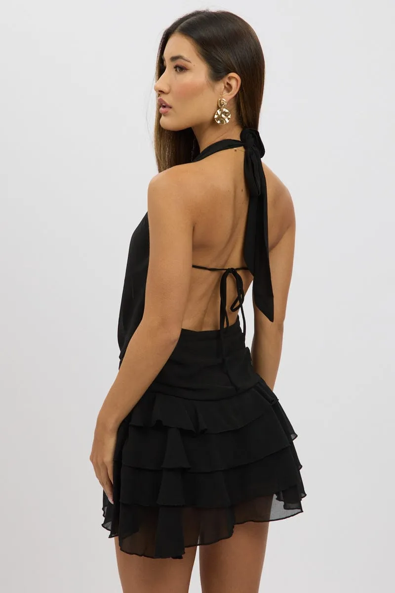 Elegant short formal gown Overlapping Panel Design Black Cowl Neck Mini Dress