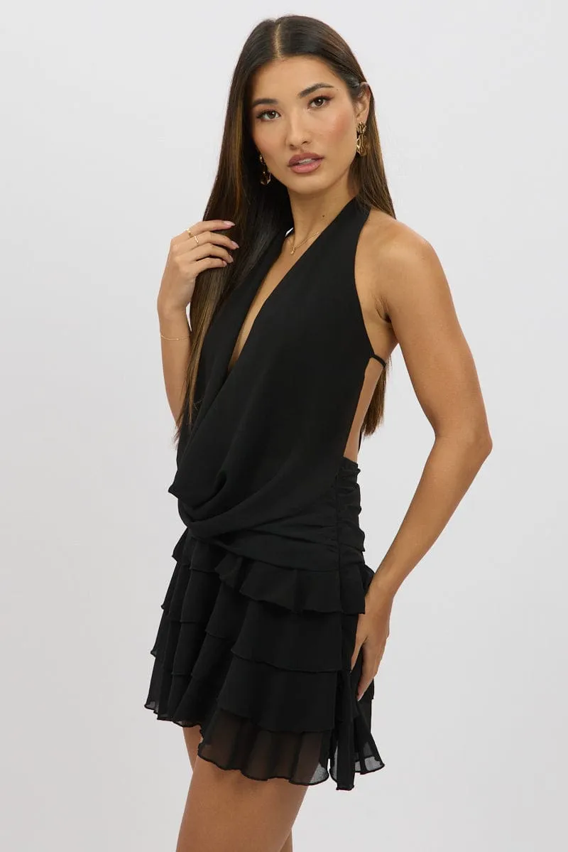 Black Cowl Neck Mini Dress Shine Hot Twist Front Draping