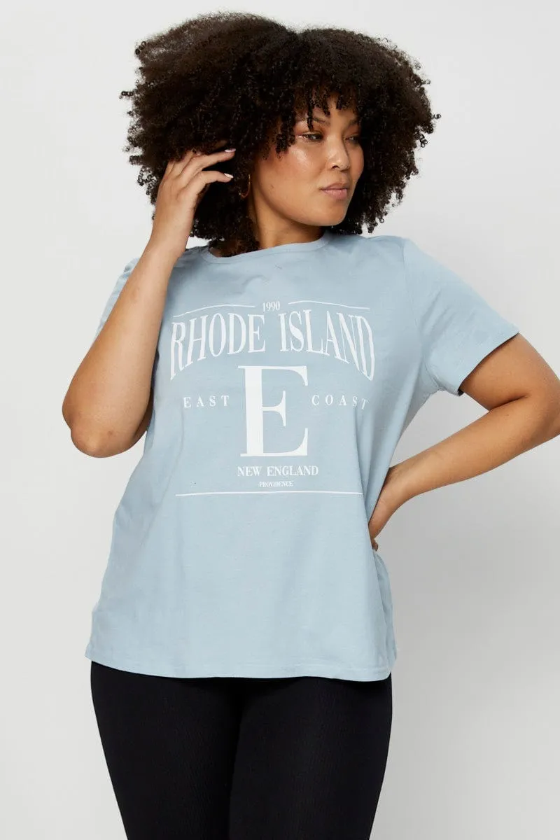 Pale Blue Graphic T-shirt Crew Neck Wrinkle-Free Smooth Flatlock Stitching