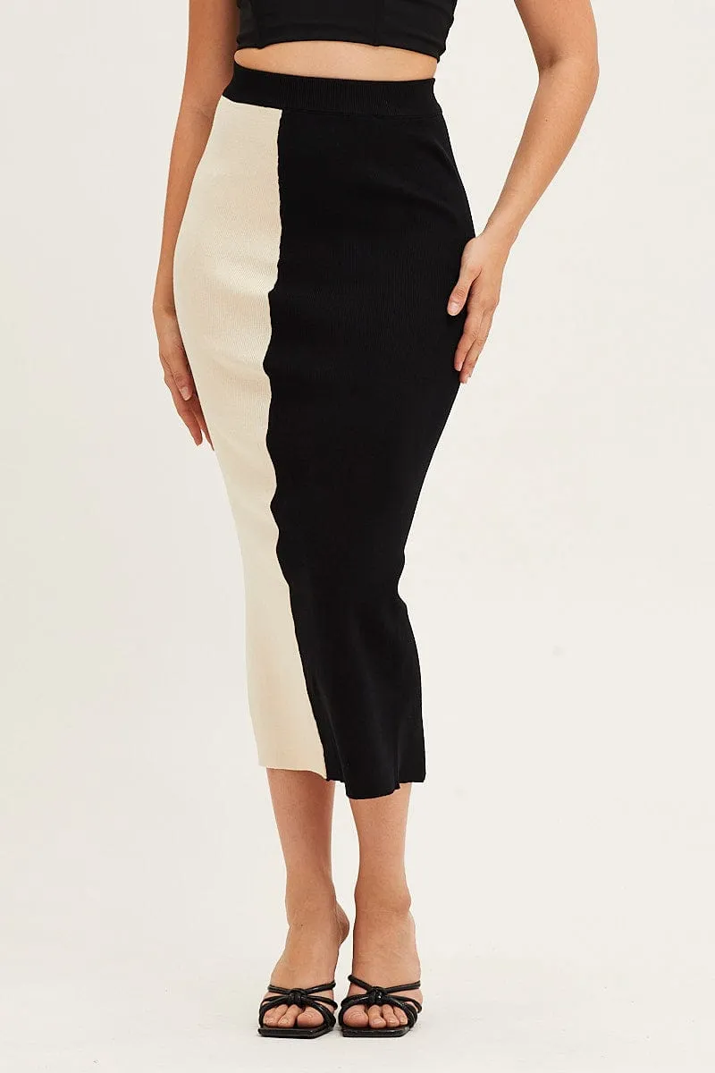 Multi Color Block Knit Midi Skirt Linen Cotton Mix