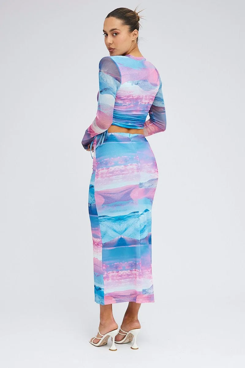 Gathered waist Rolled Hem Pink Abstract Midi Skirt Mesh
