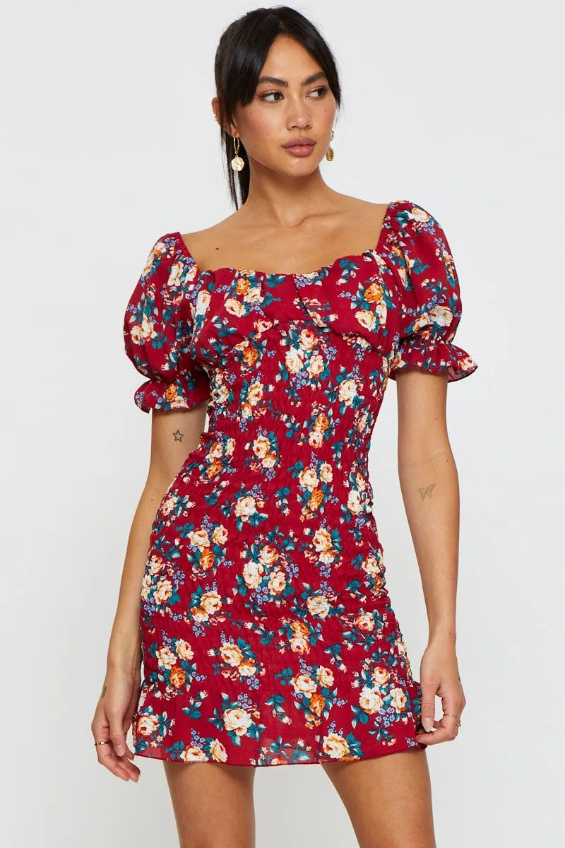 Reinforced Elbows Print Mini Dress Short Sleeve