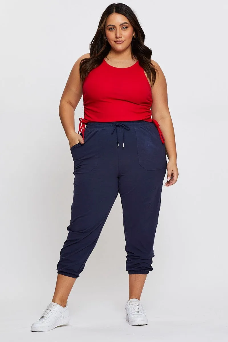 Durable Material Flexible Design Steel Blue Track Pants High Rise Elastic Waist