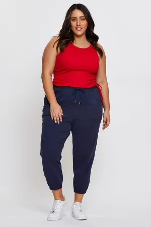 Multi Pocket Design Adjustable loop Steel Blue Track Pants High Rise Elastic Waist