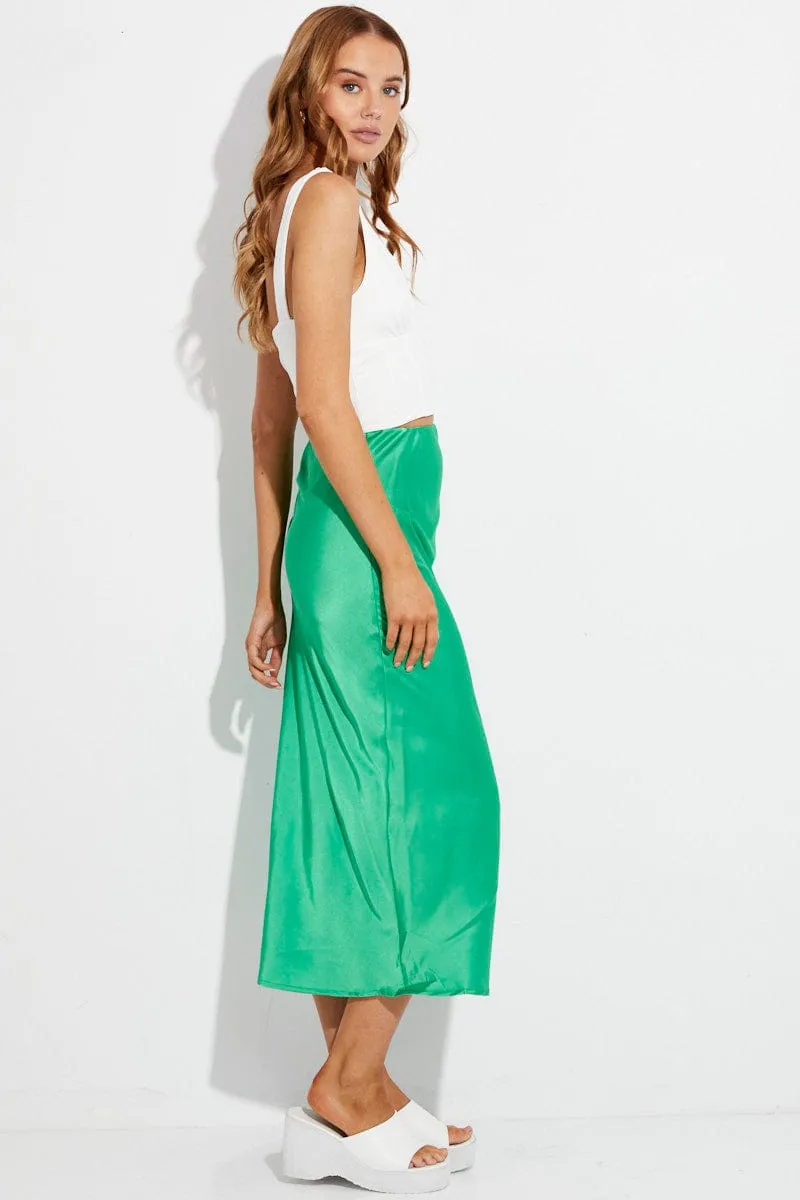 Green Slip Skirt Midi High Rise Satin Bold Details