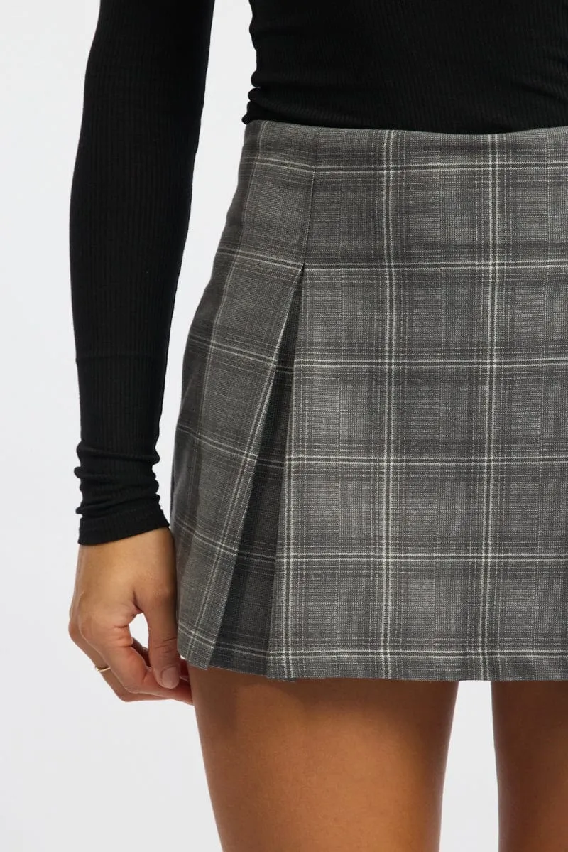 Relaxed Look Multi Purpose Grey Check Mini Skort Skirt High Waisted Lined