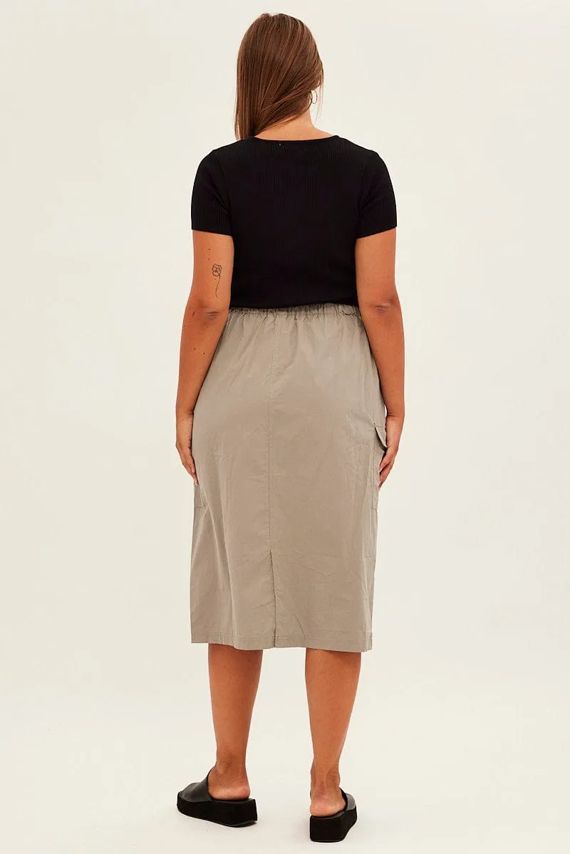 Roll Up Fasten Smooth Finish Grey Parachute Midi Skirt