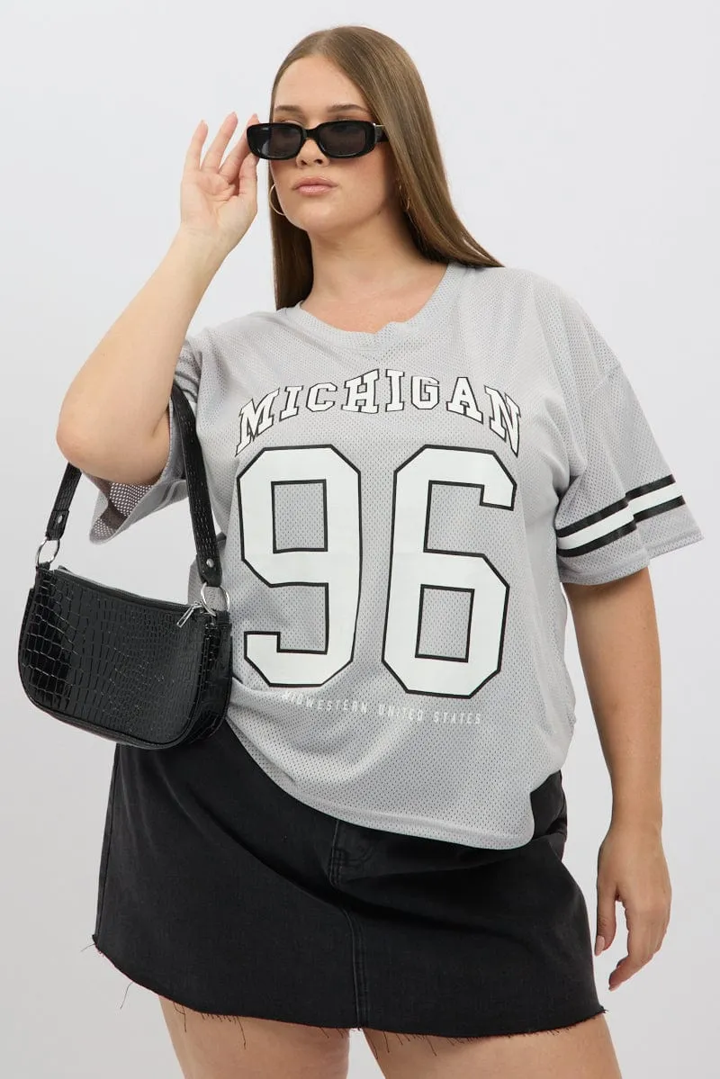 Grey Graphic T Shirt Short Sleeve V Neck Skin Friendly Lining Everyday Top