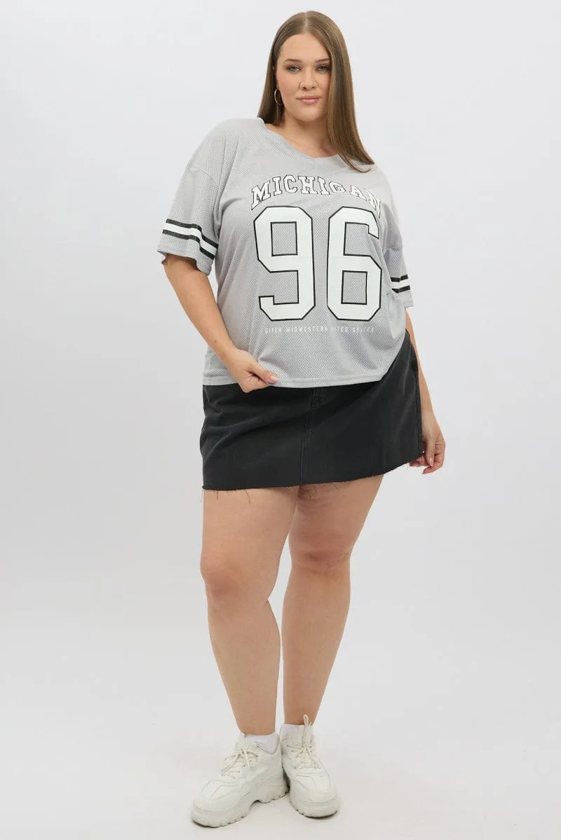 Effortless Comfort Stretch Jersey Knit Grey Graphic T Shirt Short Sleeve V Neck
