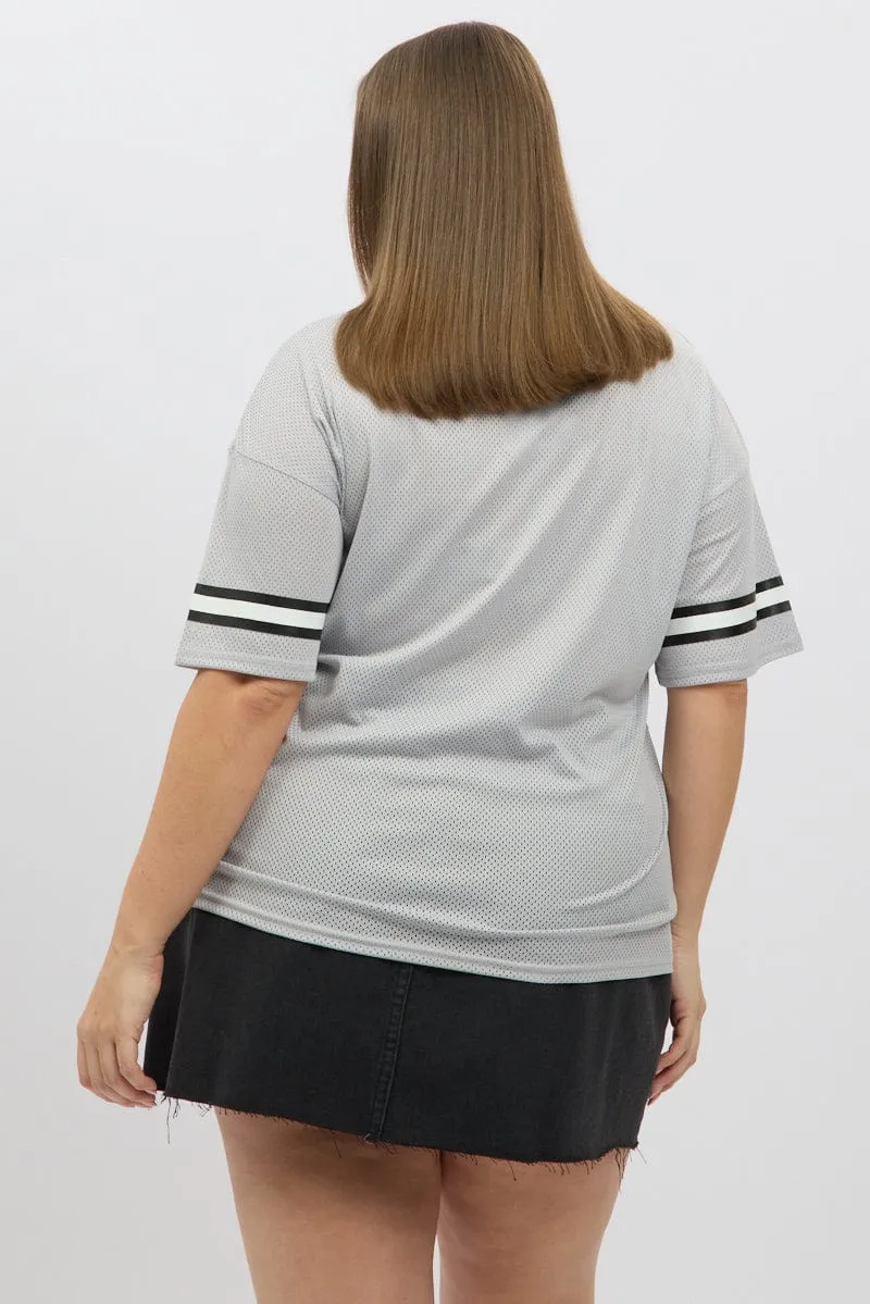 Grey Graphic T Shirt Short Sleeve V Neck Foam Print Detail
