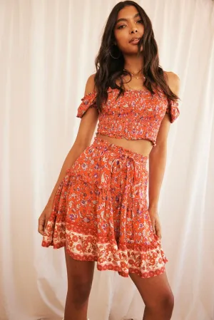 Red Mini Skirt High Waisted Skater Elastic Band Tiered Date night Subtle Mood