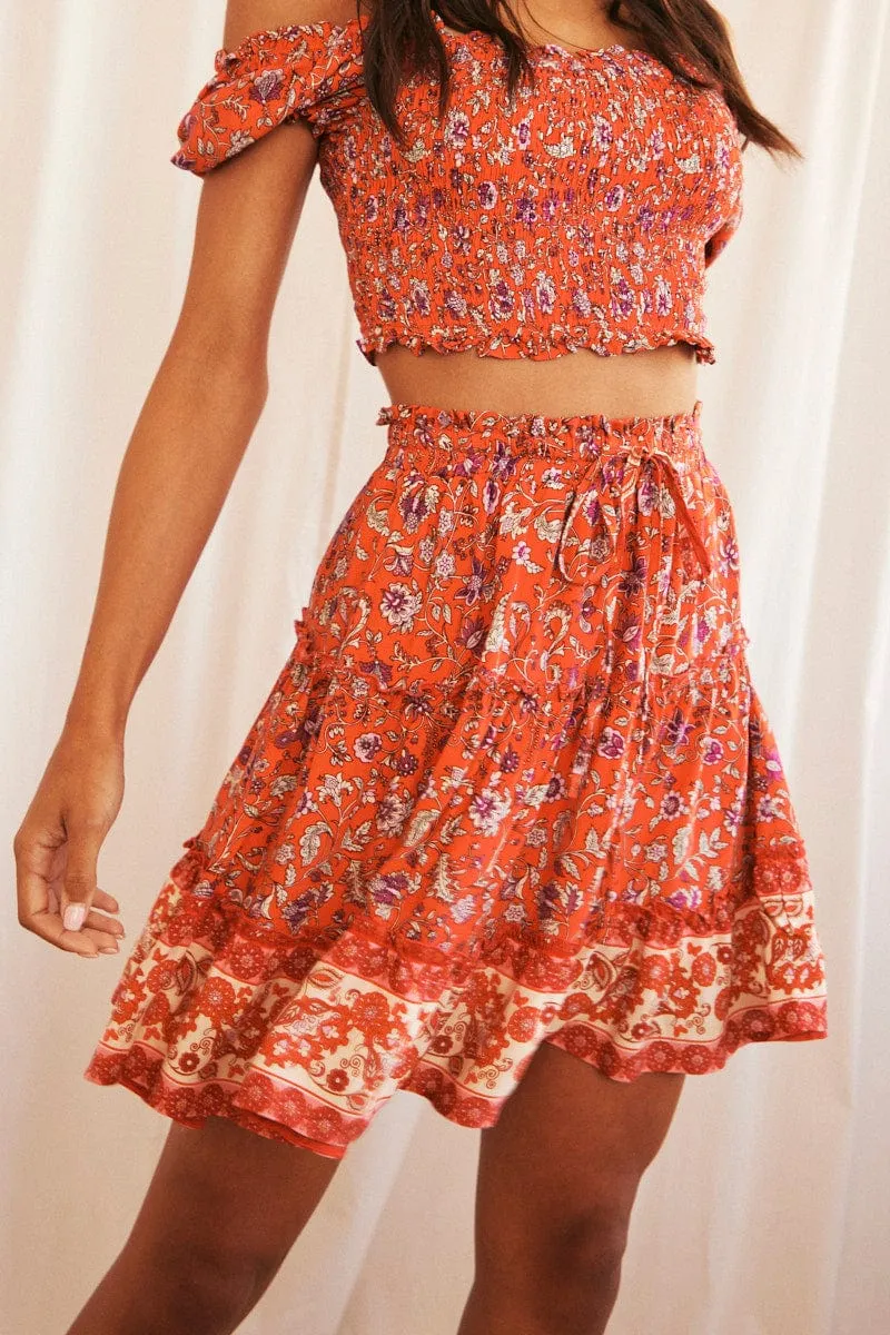 Red Mini Skirt High Waisted Skater Elastic Band Tiered High End Quality Aesthetic Look
