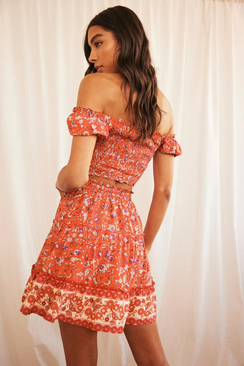 Red Mini Skirt High Waisted Skater Elastic Band Tiered Relaxed Style Embroidered Detail