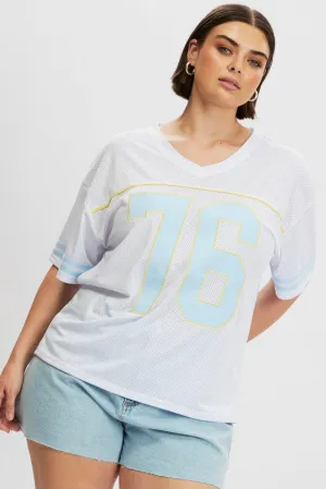 Stretch Jersey Knit White Graphic T Shirt Short Sleeve V Neck