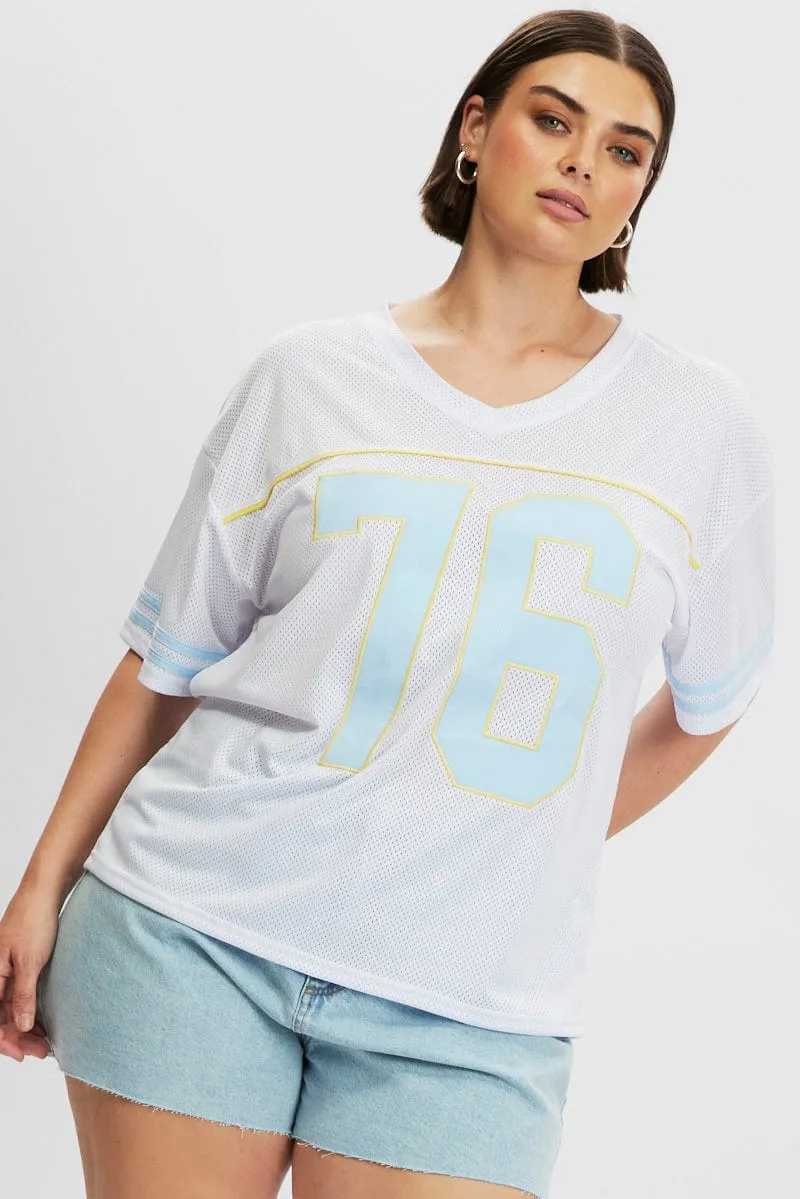 Stretch Jersey Knit White Graphic T Shirt Short Sleeve V Neck