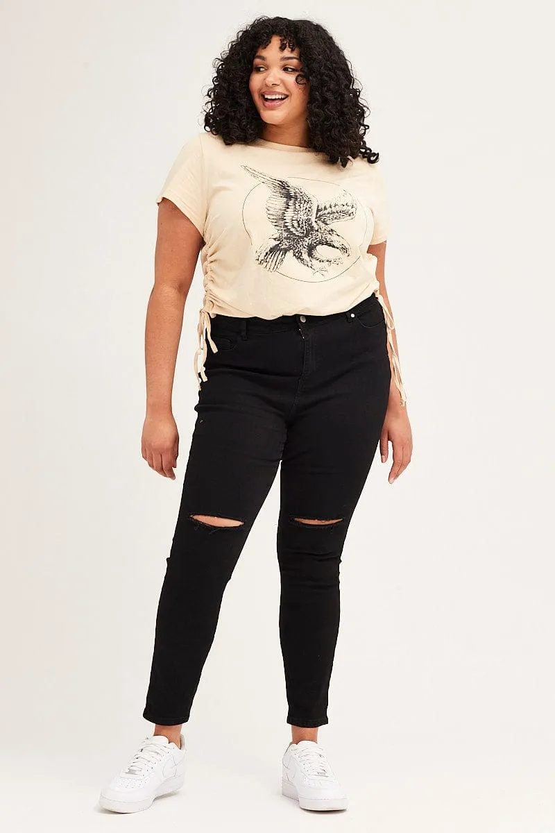 Fashionable Fit Beige Short Sleeve Eagle Drawstring T-shirt