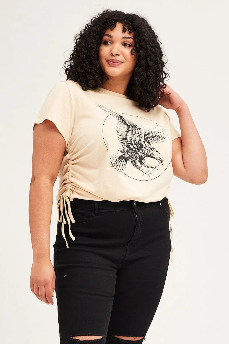 Beige Short Sleeve Eagle Drawstring T-shirt Wrinkle Resistant Versatile Layering Piece