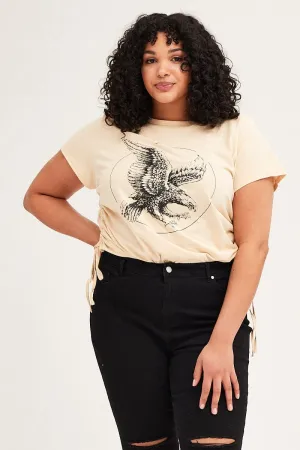 Beige Short Sleeve Eagle Drawstring T-shirt Heavyweight Weave