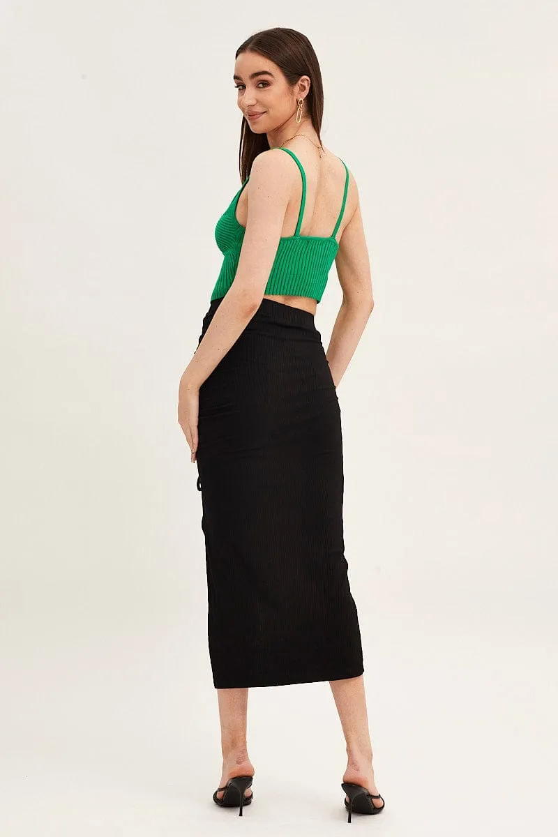 Black Front Split Pencil Skirt Midi Ribbed Outfit Flow