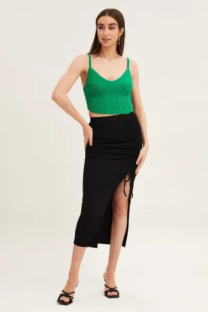 Black Front Split Pencil Skirt Midi Ribbed Heat Dissipating Fabric