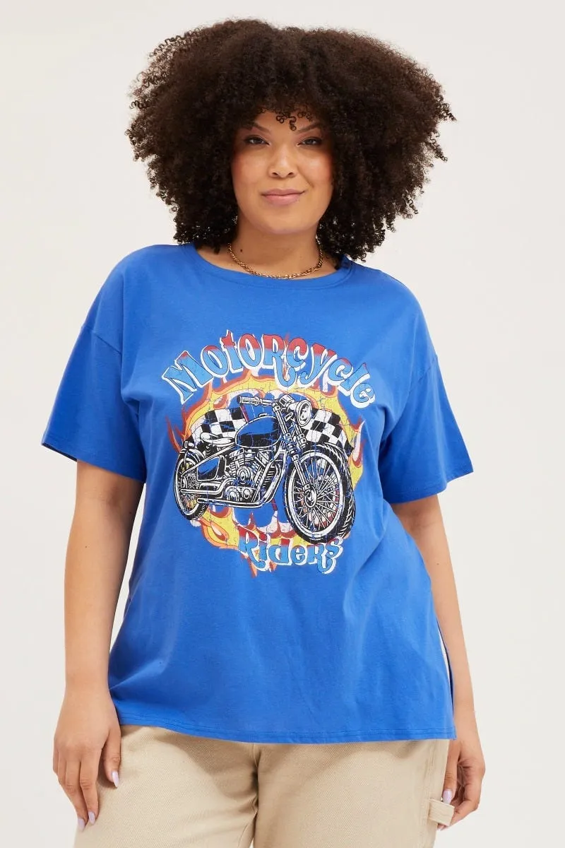 Blue Graphic T-shirt Motorcycle Short Sleeve Cotton Seasonal Comfort Easy and Relaxed