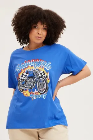 Blue Graphic T-shirt Motorcycle Short Sleeve Cotton Breathable Wearable