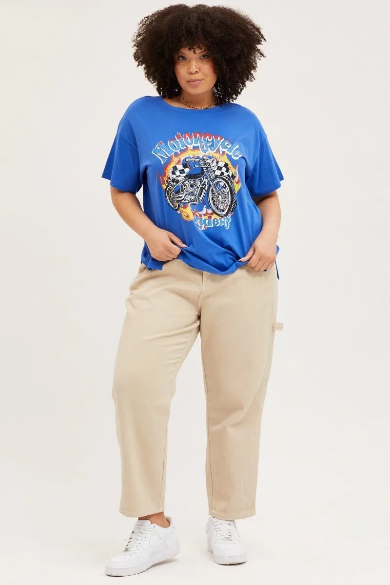 Versatile Comfort Wear Blue Graphic T-shirt Motorcycle Short Sleeve Cotton