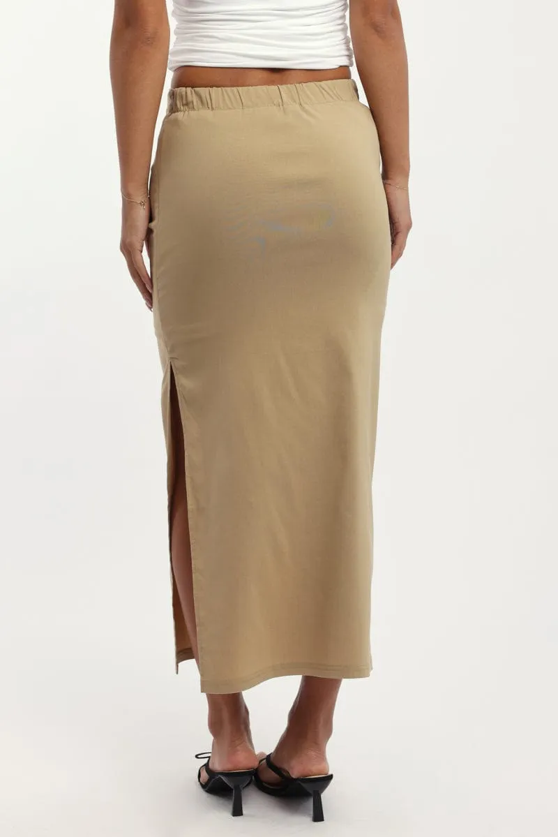 Beige Gathered Midi Skirt High Rise Bengaline Split Refined Mood