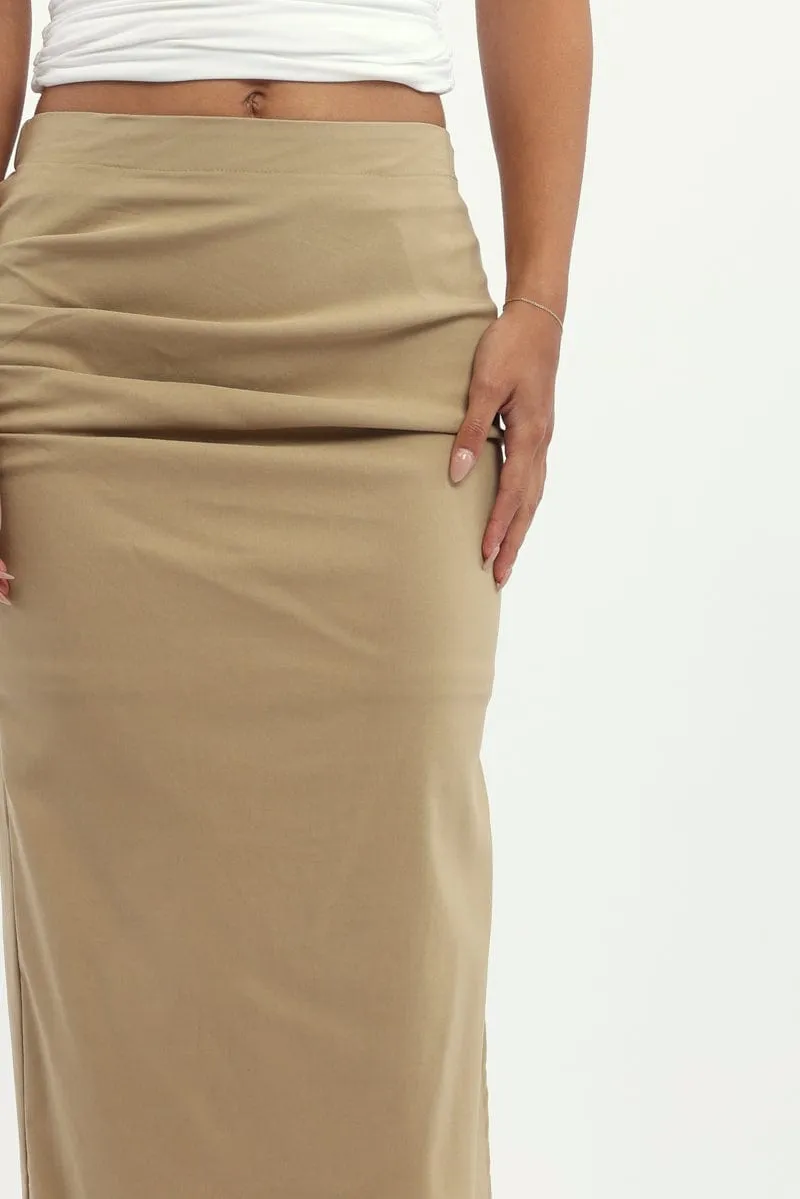 Wool blend Beige Gathered Midi Skirt High Rise Bengaline Split