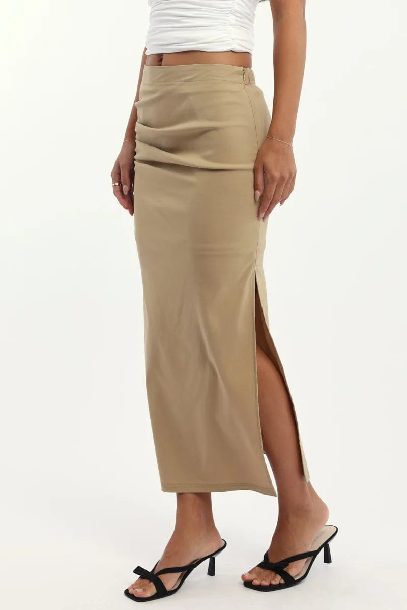 Vibrant color Matte Finish Beige Gathered Midi Skirt High Rise Bengaline Split