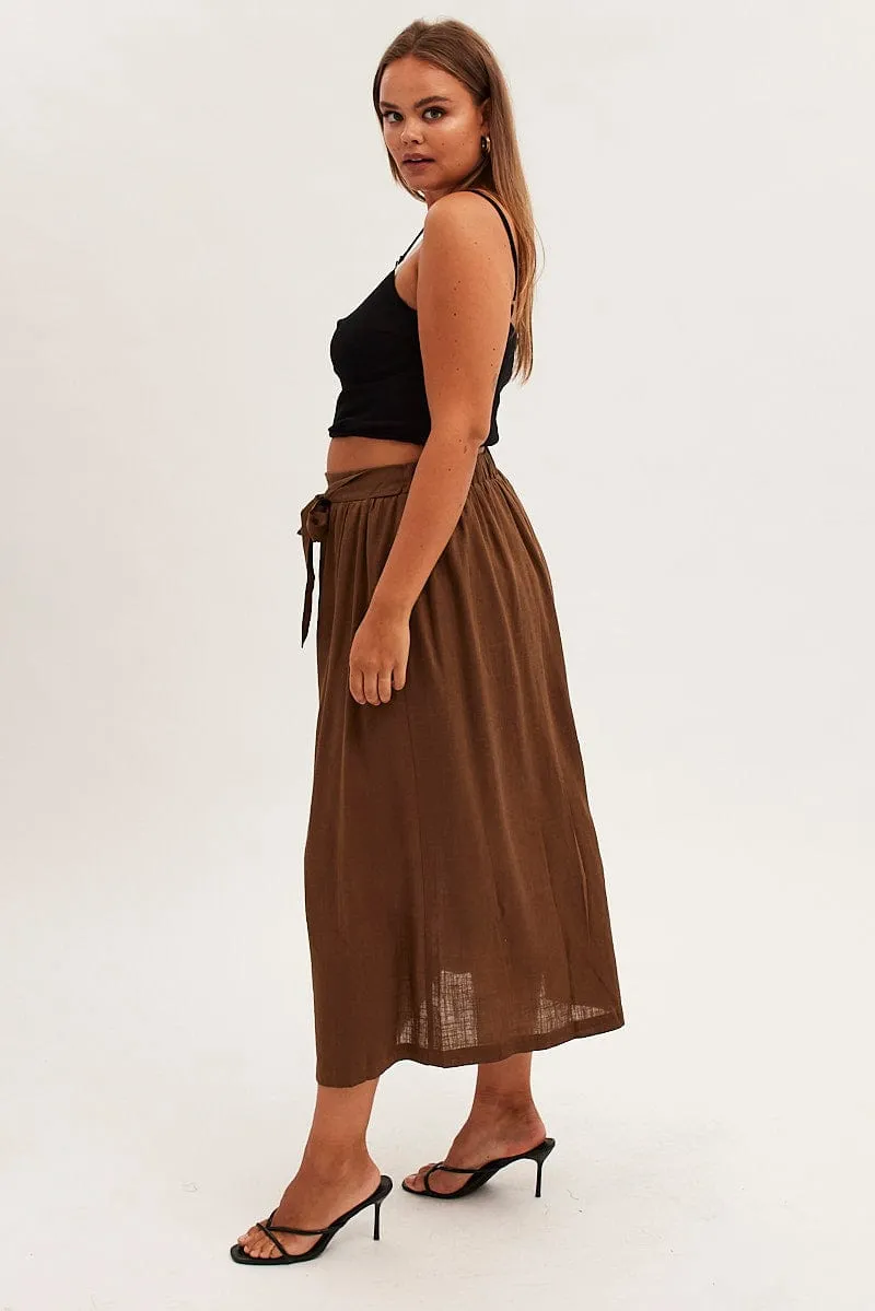 Wardrobe Classic Brown Maxi Skirt Button Front Tie Waist