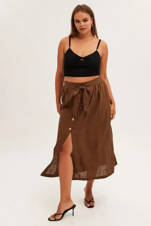 Brown Maxi Skirt Button Front Tie Waist Family Celebration Sleek Flow