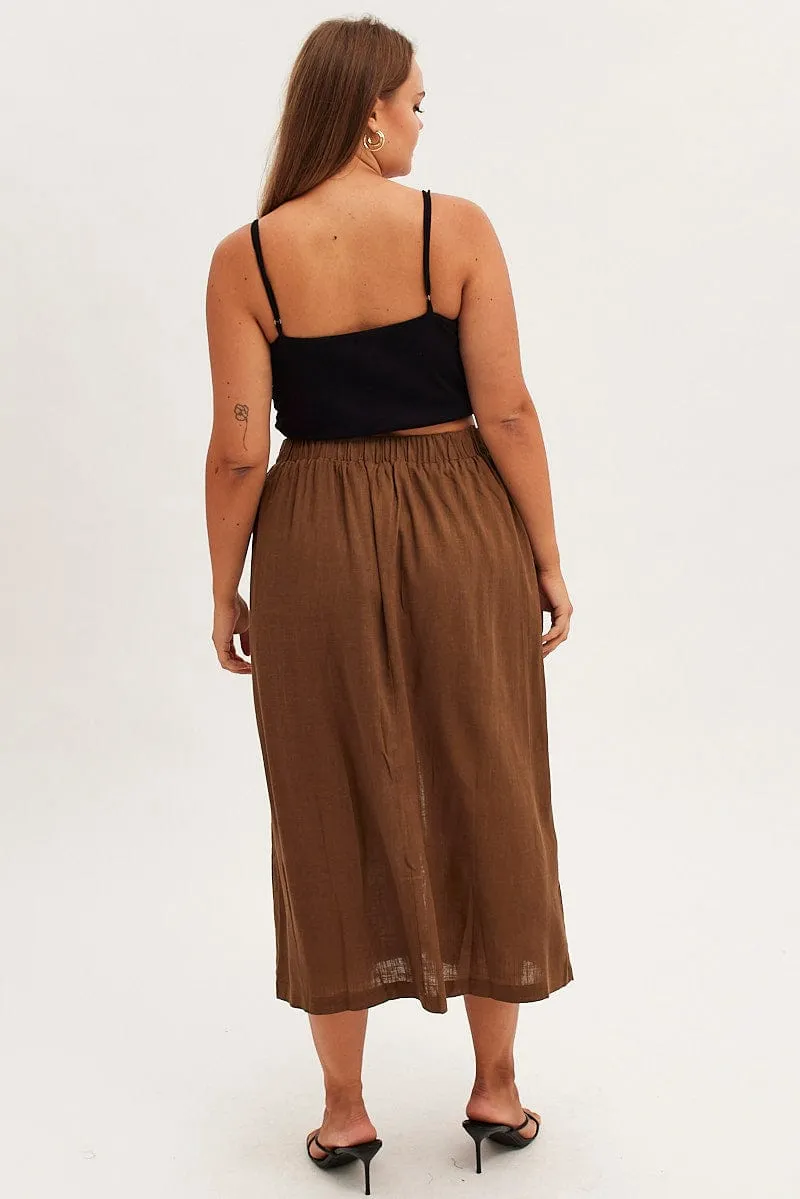 Layered Look Brown Maxi Skirt Button Front Tie Waist