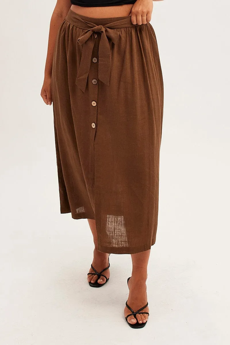 Casual Comfort Brown Maxi Skirt Button Front Tie Waist