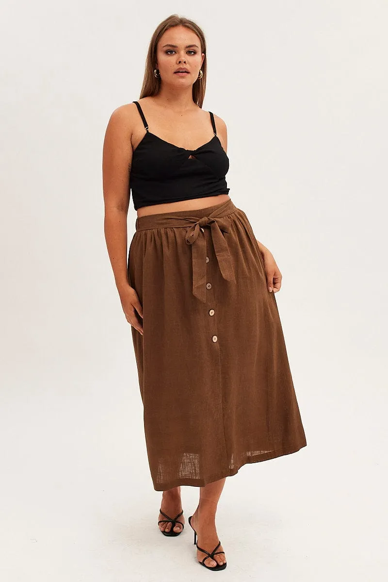 Brown Maxi Skirt Button Front Tie Waist Tagless label Breezy Edge