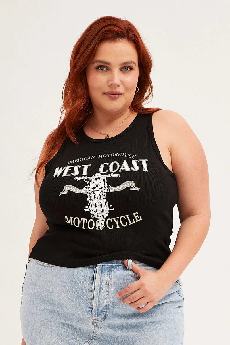 Comfort and Fit Black Graphic Tank Top Crew Neck Sleeveless