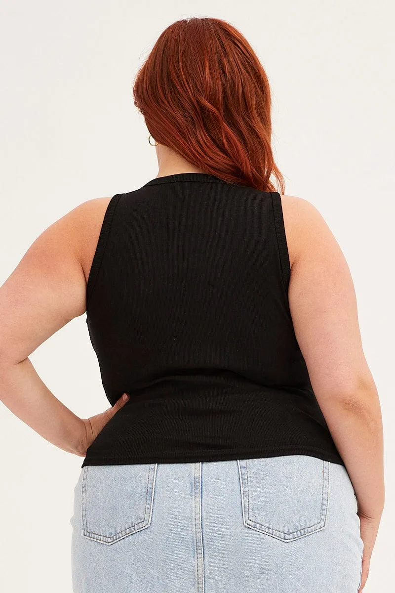 Embroidered Details Black Graphic Tank Top Crew Neck Sleeveless