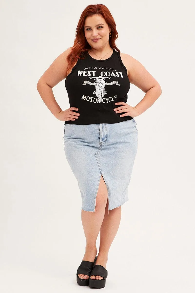 Smooth Finish Black Graphic Tank Top Crew Neck Sleeveless