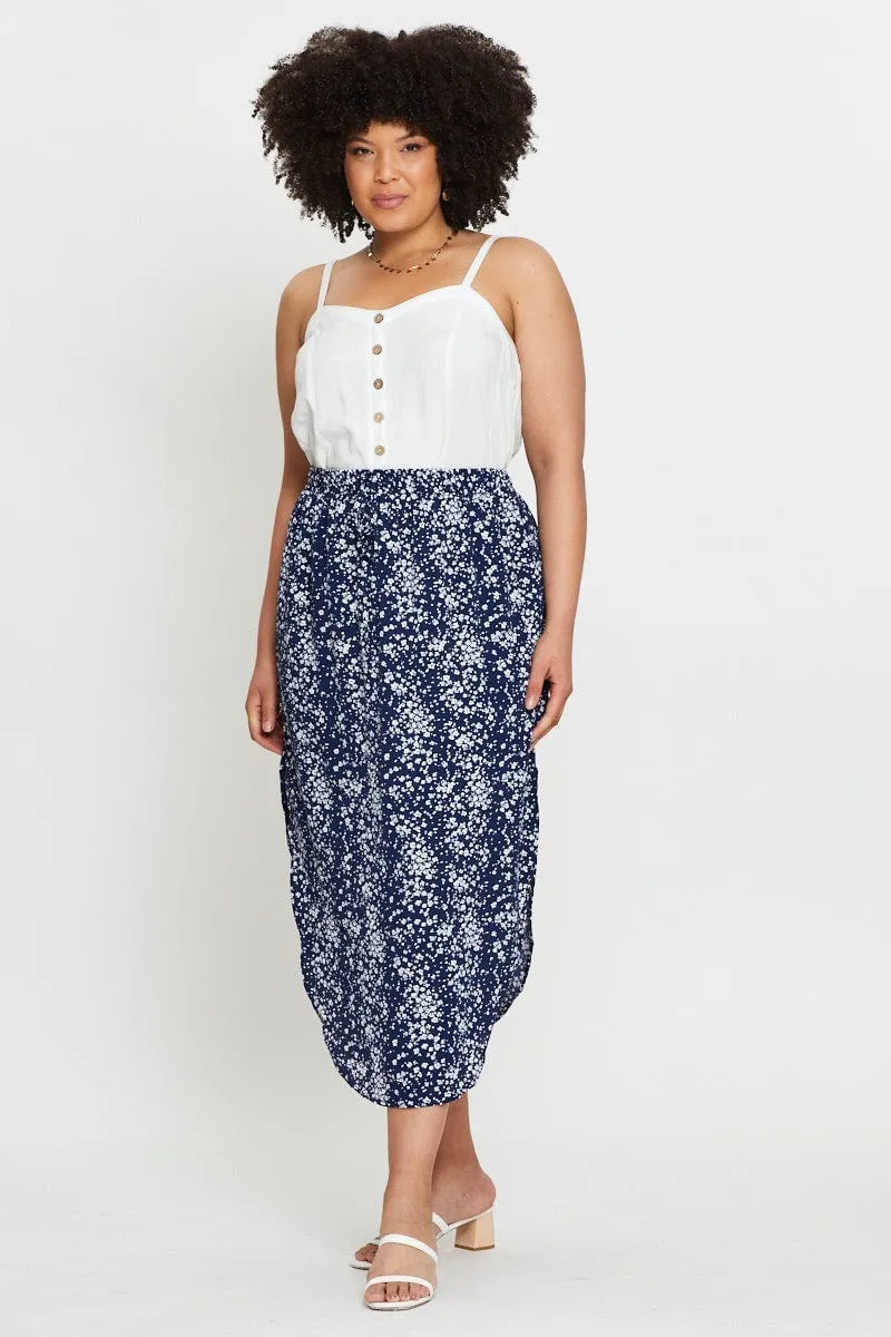 Floral Print Midi Skirt Elastic Waist Designer Inspired