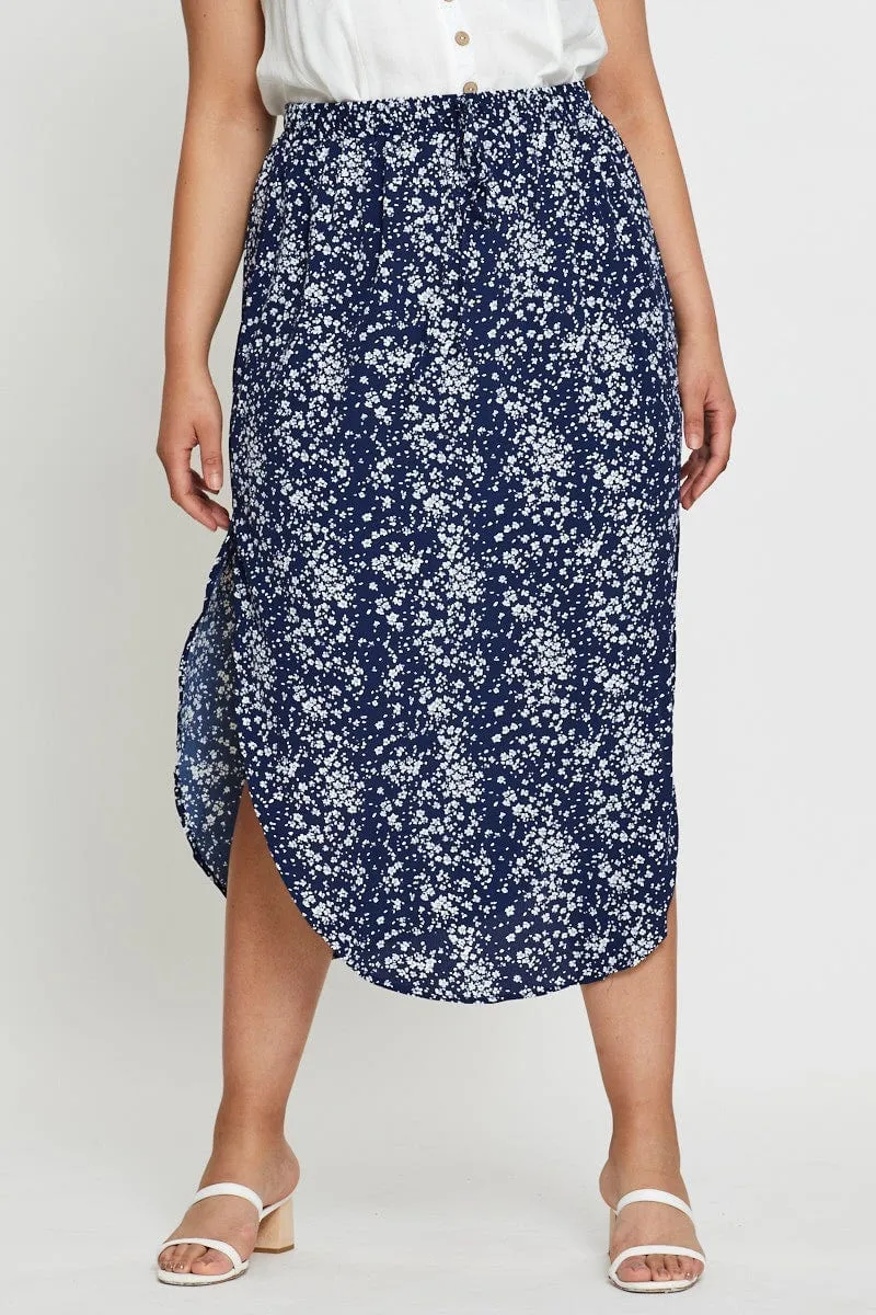 Friction Free Floral Print Midi Skirt Elastic Waist