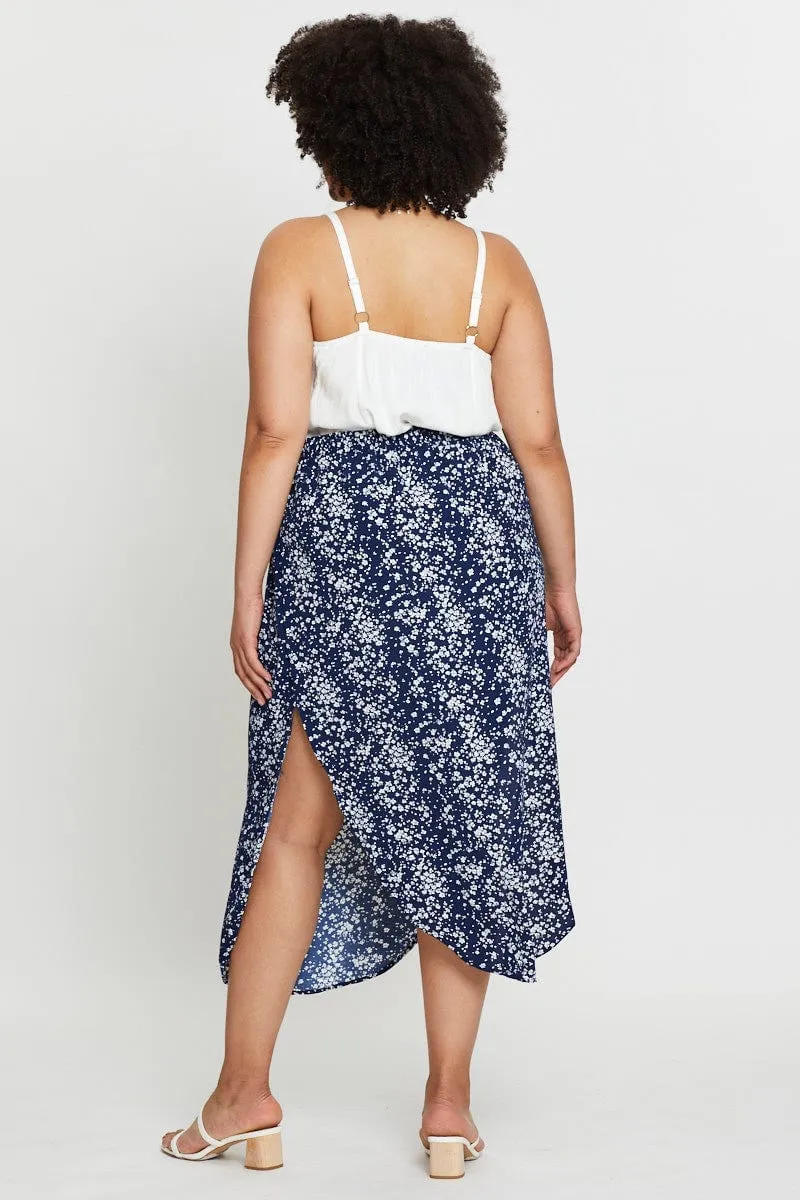 Clean Style Floral Print Midi Skirt Elastic Waist