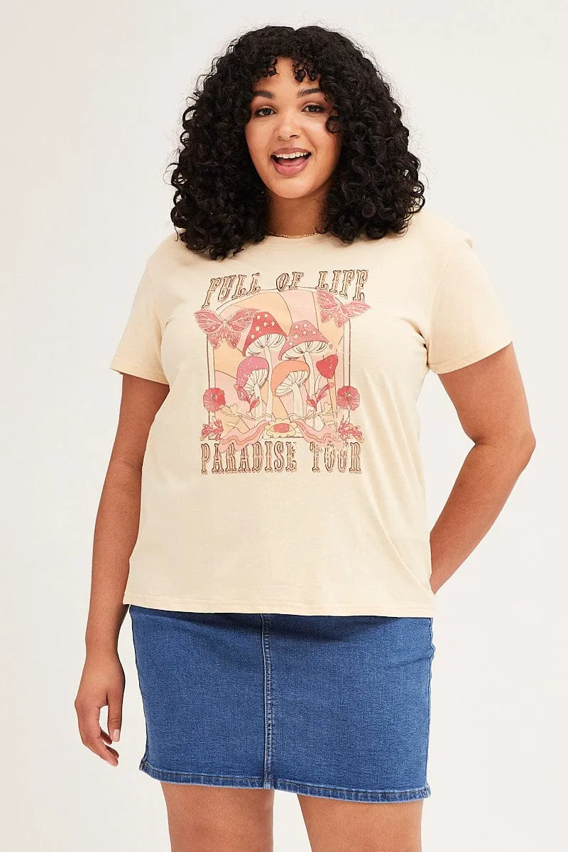 Timeless Must-Have Breezy Design Beige Short Sleeve Round Neck Graphic T-shirt
