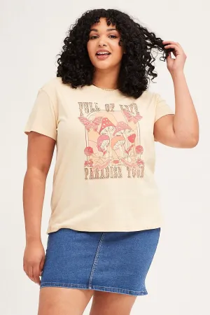 Beige Short Sleeve Round Neck Graphic T-shirt LightweightBlend