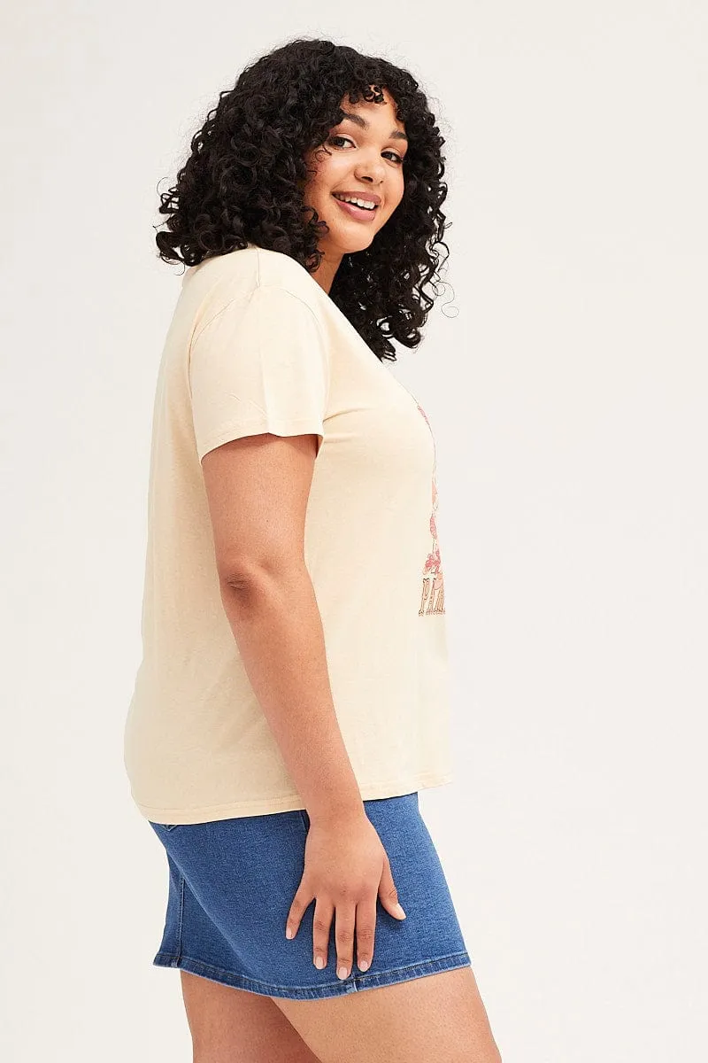 Beige Short Sleeve Round Neck Graphic T-shirt Daily Comfort Style