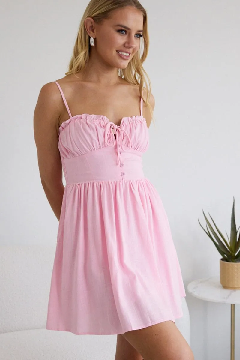 Pink Fit And Flare Dress Mini Elasticized Waistband