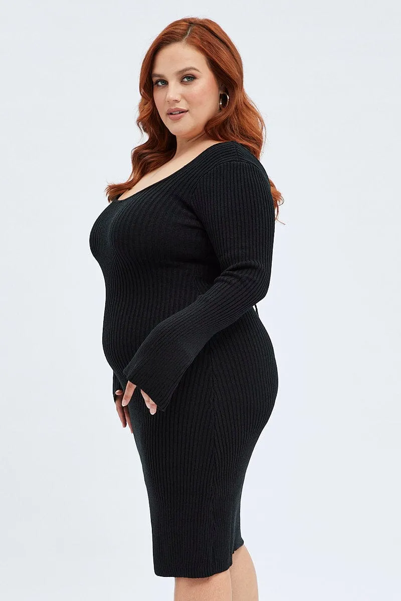 Black Mini Dress Scoop Neck Knit Flare Sleeve Beat Fresh Bar Pop